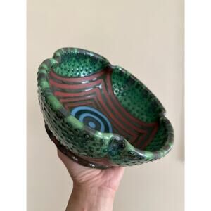 Vintage Chinese Pottery Bowl Oriental Pot Vase red green unique centerpiece dots